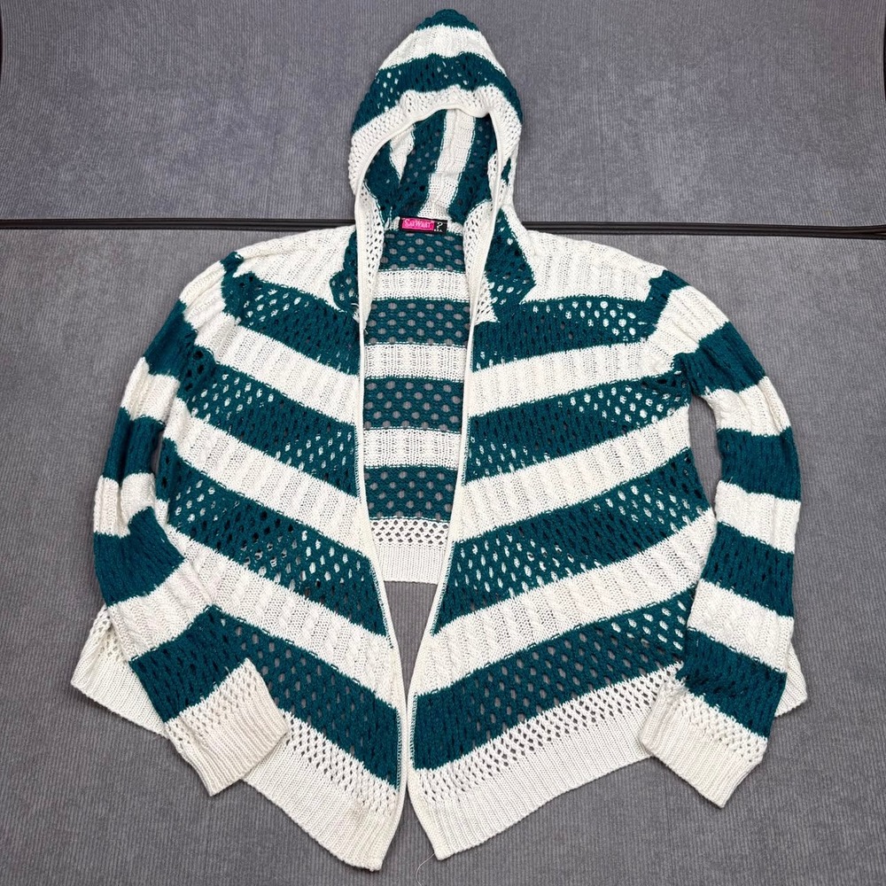 Vintage Say What Teal Cream Striped Open Front Hooded Cardigan y2k Sweater Sz L